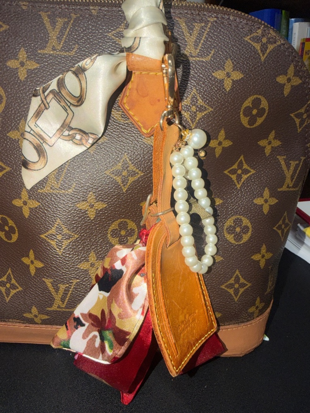 Louis Vuitton Alma Brown Monogram Satchel with Tan Trim and Red Accent Scarves - Picture 2 of 14